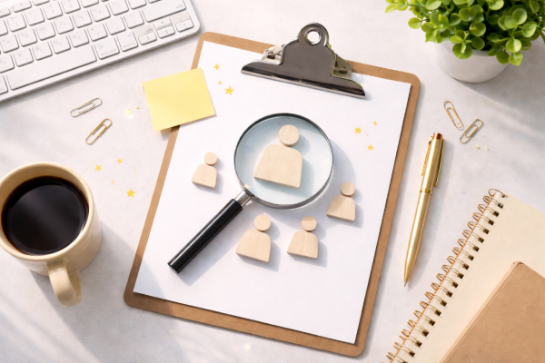 Rejoignez-nous Chez Shared System Human resources and recruitment concept with magnifying glass and icons